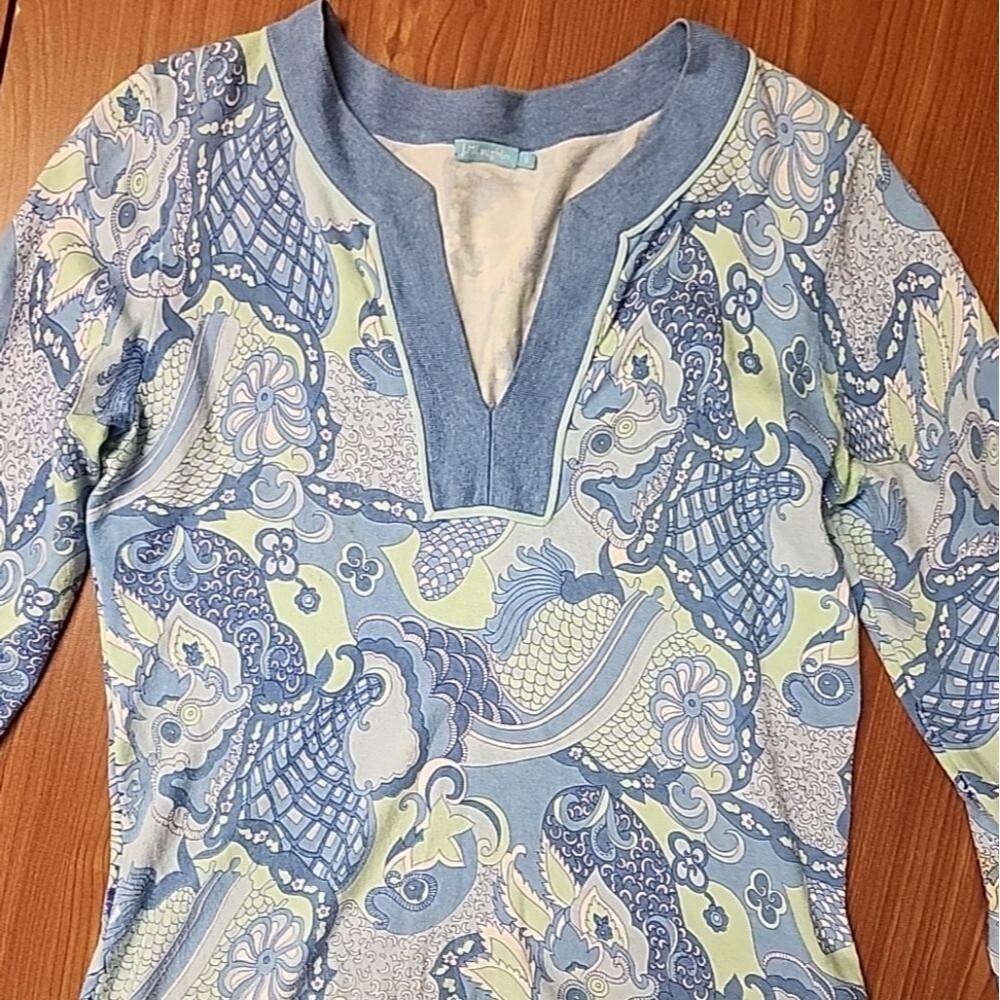 J McLaughlin Women's Blue Print Tunic Top Cover Up Size S V Neck Catalina Cloth